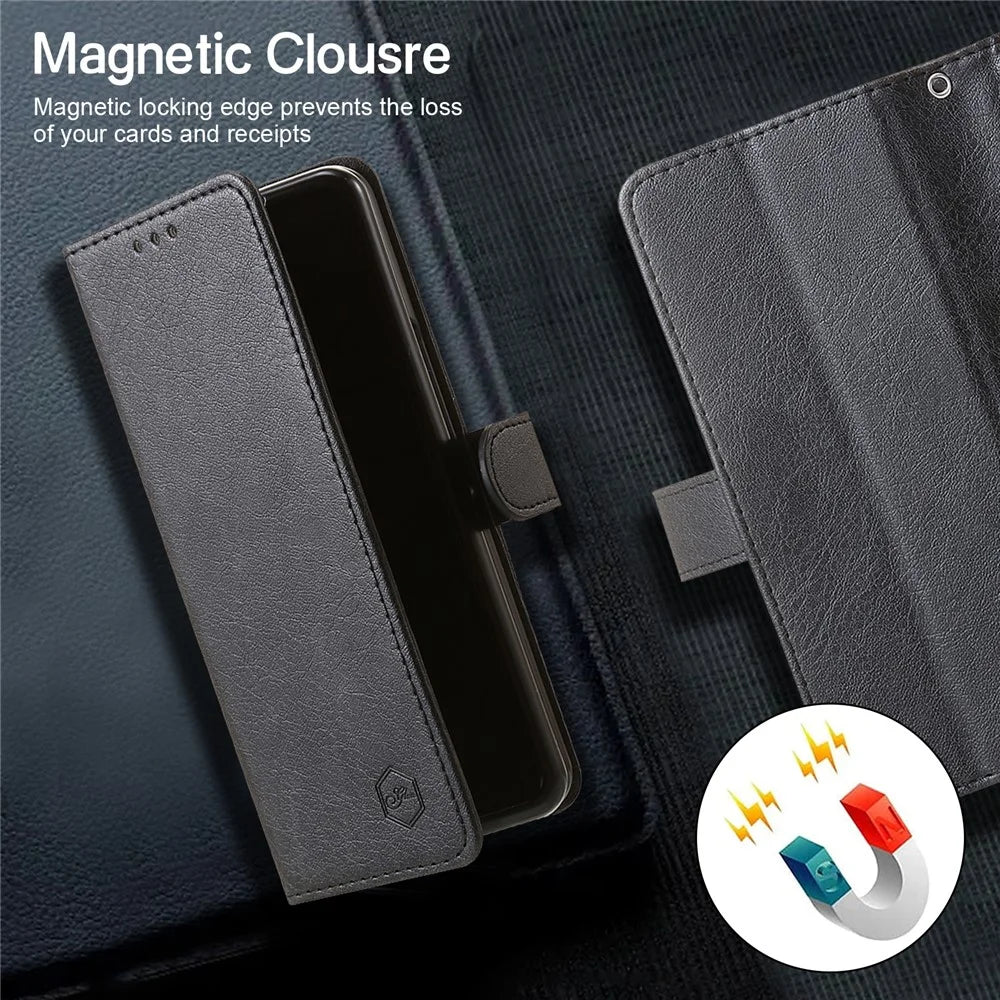For Samsung Galaxy Z Fold4 5G Case PU Leather Shockproof Case Solid Color Wallet Phone Cover - Black - 4