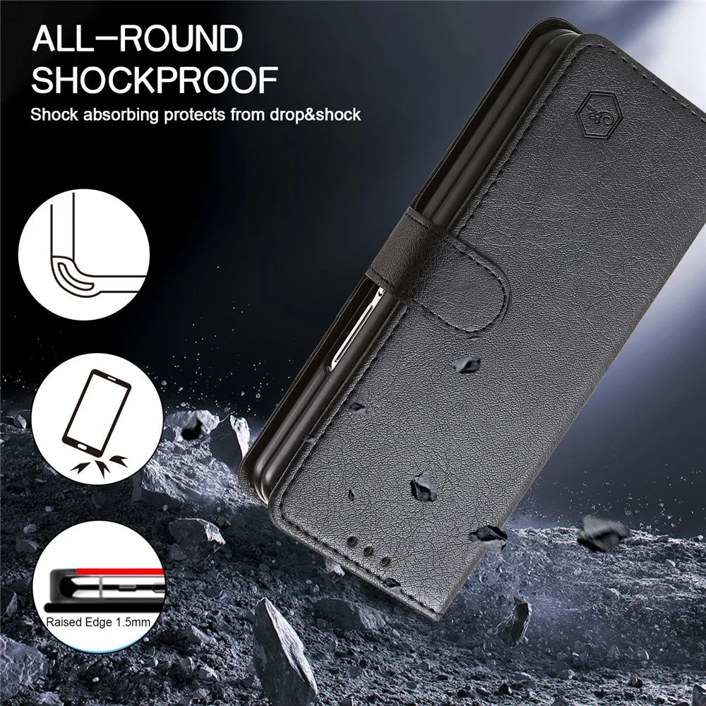 For Samsung Galaxy Z Fold4 5G Case PU Leather Shockproof Case Solid Color Wallet Phone Cover - Black - 5