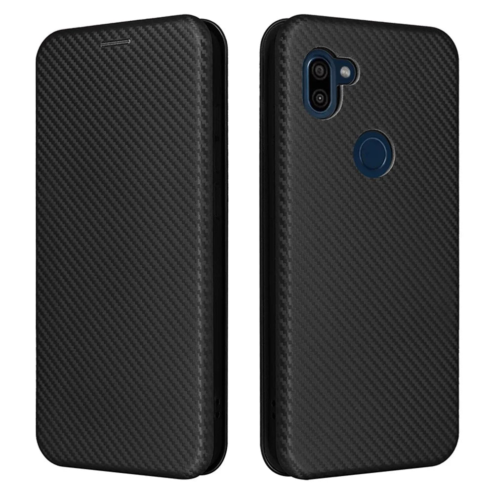 For Orbic Fun+ 4G Case Stand Card Slot Leather Phone Shell with Carbon Fiber Texture - Black - 1