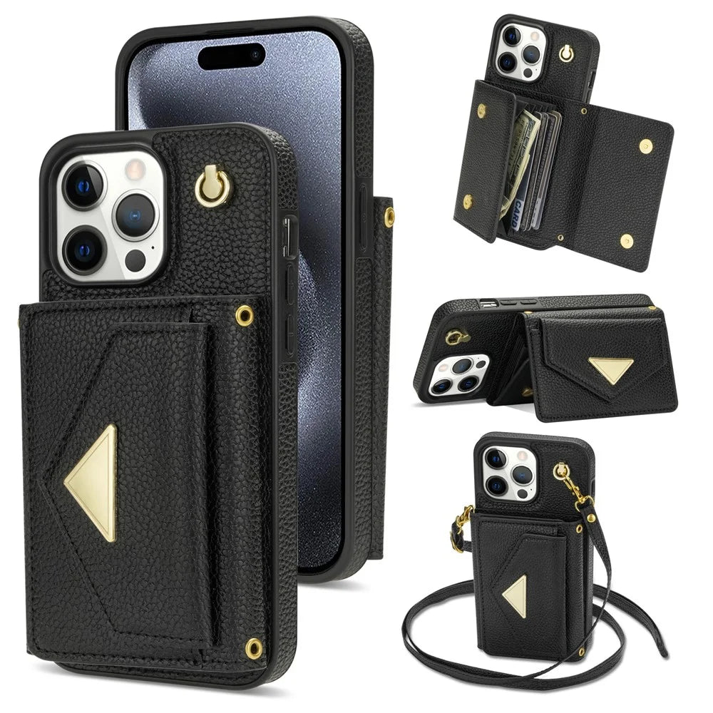 For iPhone 15 Pro Max Case Shockproof PU Leather+TPU Shell with Card Bag + Shoulder Strap - Black - 1