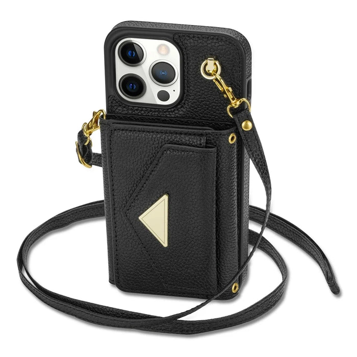 For iPhone 15 Pro Max Case Shockproof PU Leather+TPU Shell with Card Bag + Shoulder Strap - Black - 2