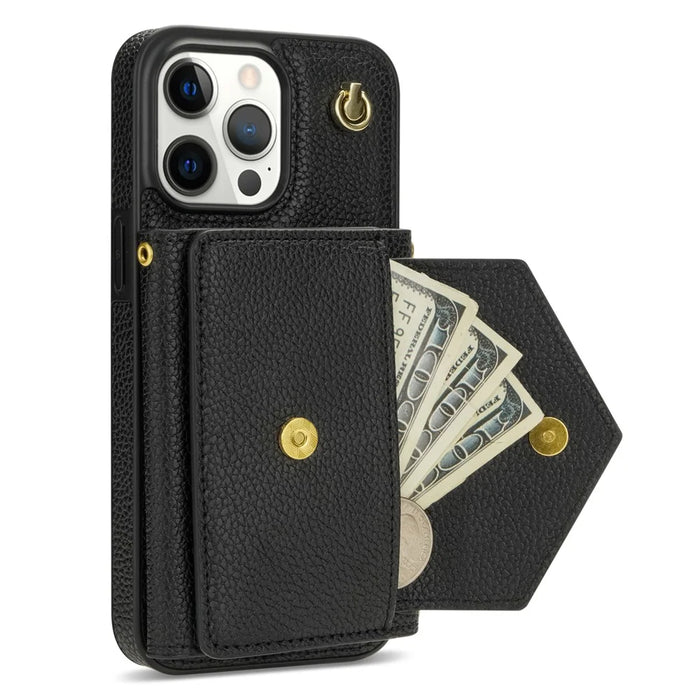 For iPhone 15 Pro Max Case Shockproof PU Leather+TPU Shell with Card Bag + Shoulder Strap - Black - 3