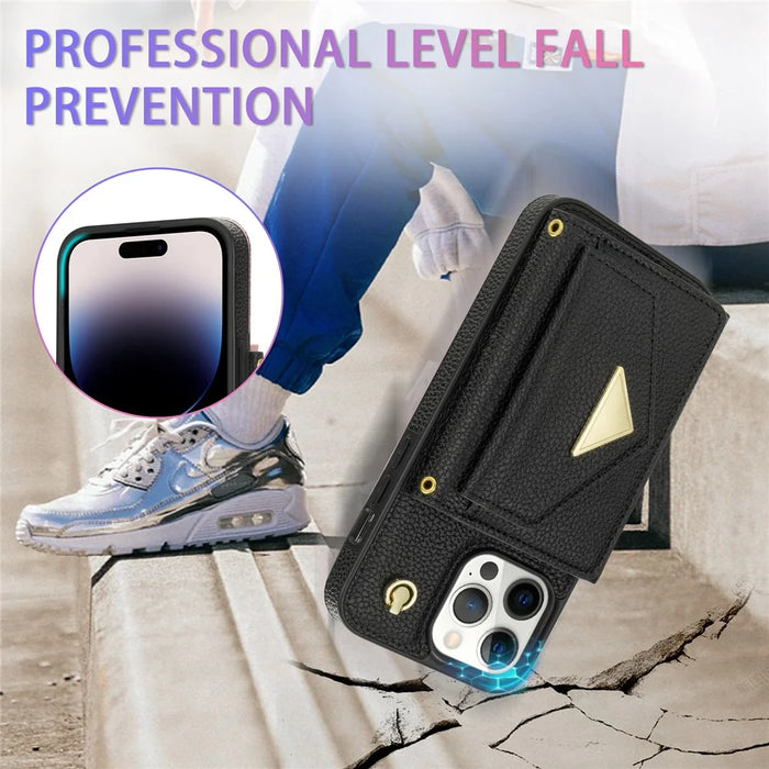 For iPhone 15 Pro Max Case Shockproof PU Leather+TPU Shell with Card Bag + Shoulder Strap - Black - 7