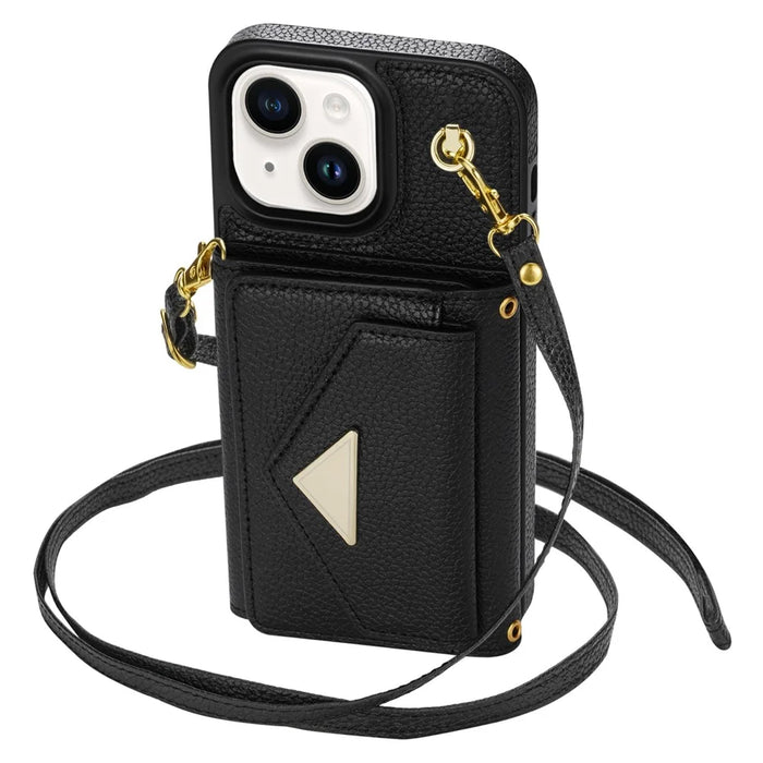 For iPhone 14 Case Card Bag Scratch Resistant Leather+TPU Cover with Shoulder Strap - Black - 2
