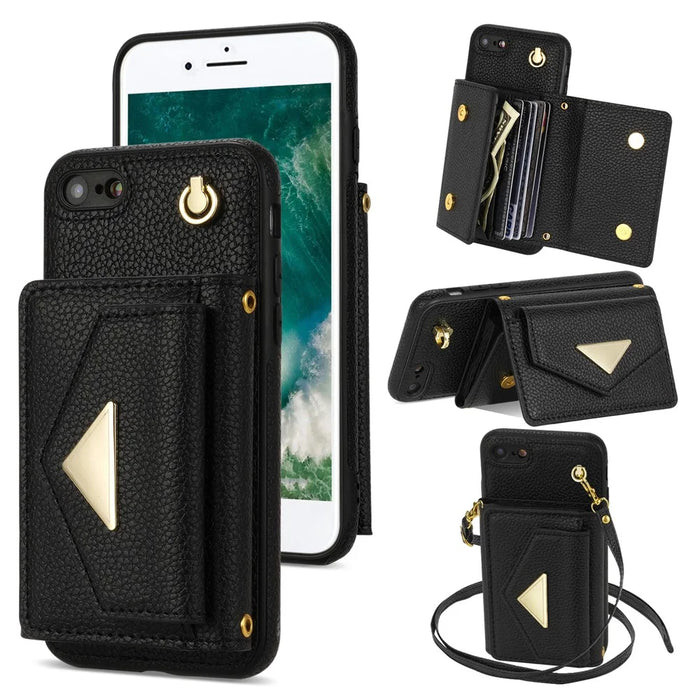 For iPhone 7 / 8 / SE (2020) / SE (2022) Case Leather+TPU Card Holder Shell with Shoulder Strap - Black - 1