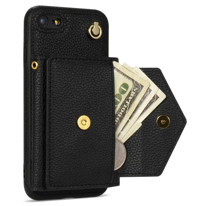 For iPhone 7 / 8 / SE (2020) / SE (2022) Case Leather+TPU Card Holder Shell with Shoulder Strap - Black - 3