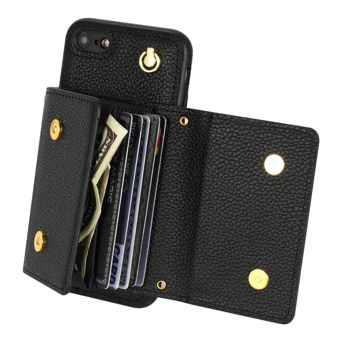 For iPhone 7 / 8 / SE (2020) / SE (2022) Case Leather+TPU Card Holder Shell with Shoulder Strap - Black - 4