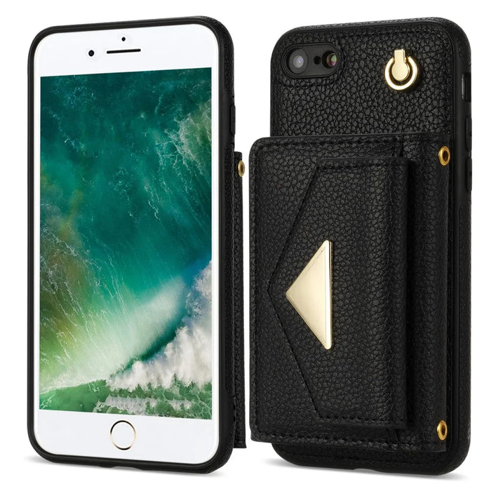For iPhone 7 / 8 / SE (2020) / SE (2022) Case Leather+TPU Card Holder Shell with Shoulder Strap - Black - 7