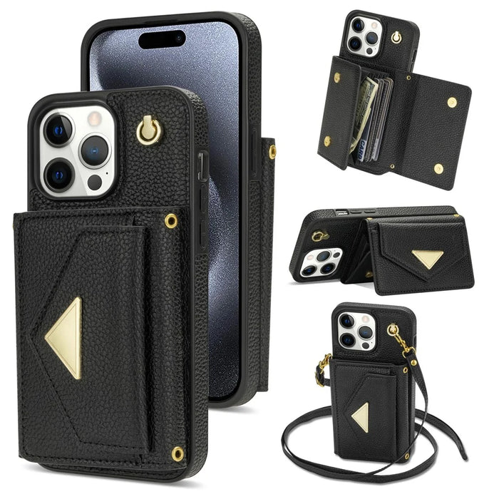 For iPhone 15 Pro Case Organ Card Bag Leather+TPU Back Protector Cover with Shoulder Strap - Black - 1