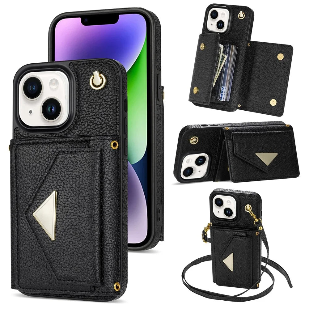 For iPhone 14 Plus Case Organ Card Bag Well-protected PU Leather+TPU Shell with Shoulder Strap - Black - 1