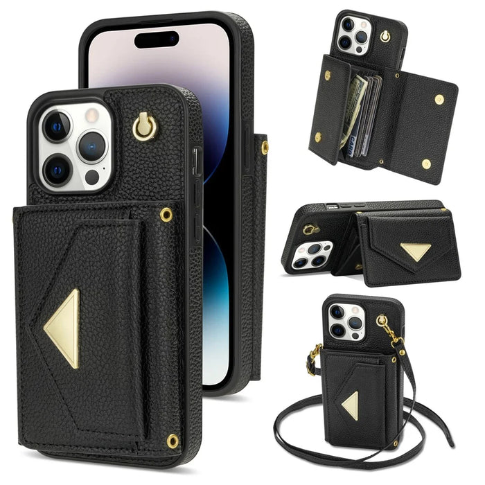 For iPhone 14 Pro Case PU Leather+TPU Kickstand Shell with Shoulder Strap - Black - 1