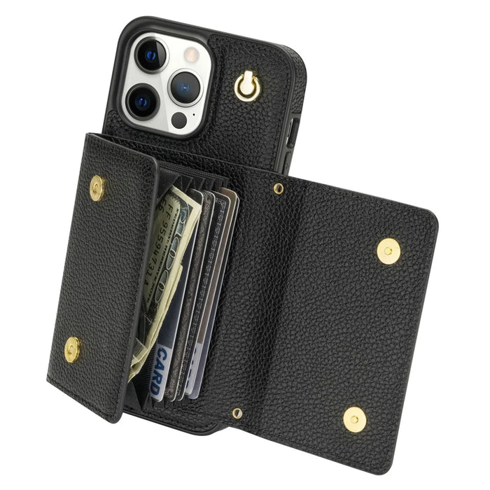 For iPhone 14 Pro Case PU Leather+TPU Kickstand Shell with Shoulder Strap - Black - 4