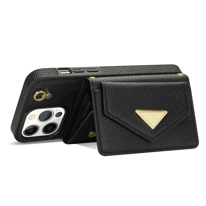 For iPhone 14 Pro Case PU Leather+TPU Kickstand Shell with Shoulder Strap - Black - 5