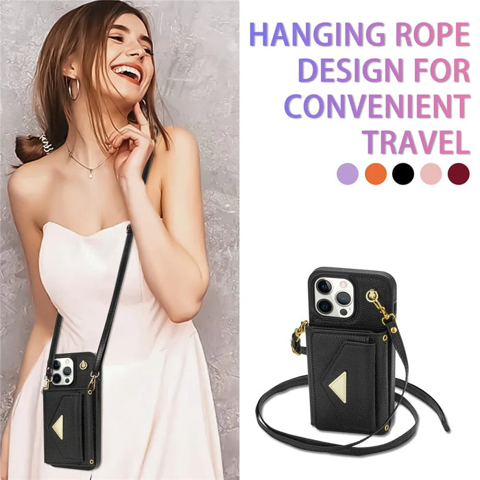 For iPhone 14 Pro Case PU Leather+TPU Kickstand Shell with Shoulder Strap - Black - 6
