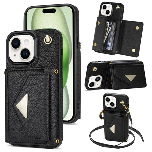 For iPhone 15 Case Bump Proof PU Leather+TPU Card Holder Cover with Shoulder Strap - Black - 1