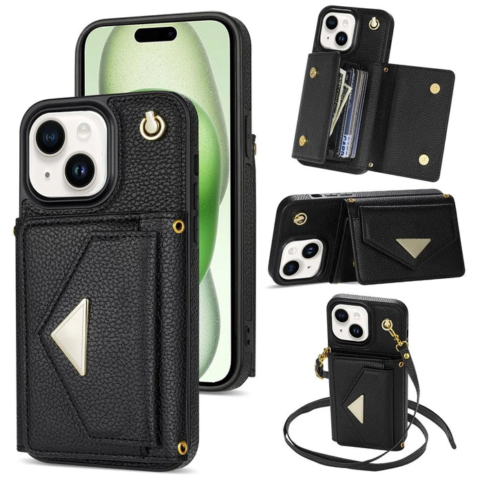 For iPhone 15 Case Bump Proof PU Leather+TPU Card Holder Cover with Shoulder Strap - Black - 1