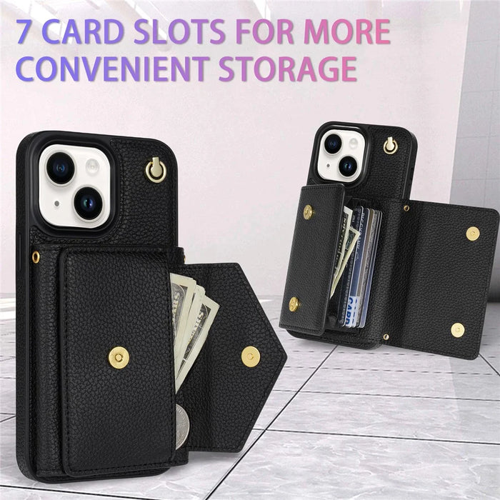 For iPhone 15 Case Bump Proof PU Leather+TPU Card Holder Cover with Shoulder Strap - Black - 6