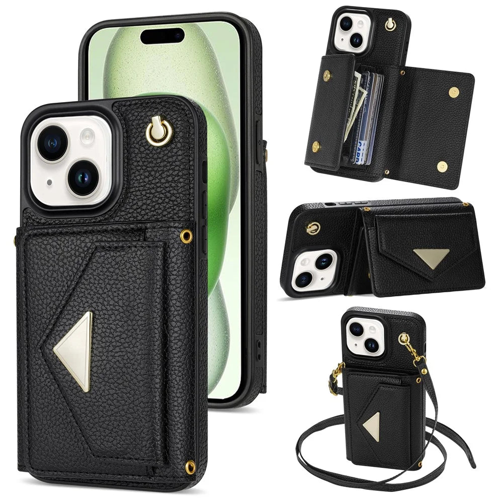 For iPhone 15 Plus Case Scratch Proof PU Leather+TPU Card Holder Cover with Shoulder Strap - Black - 1