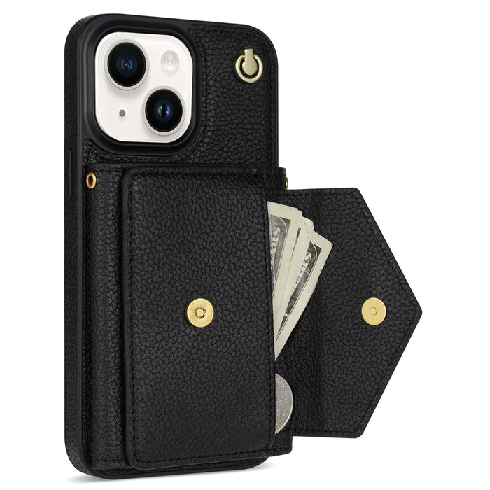 For iPhone 15 Plus Case Scratch Proof PU Leather+TPU Card Holder Cover with Shoulder Strap - Black - 3