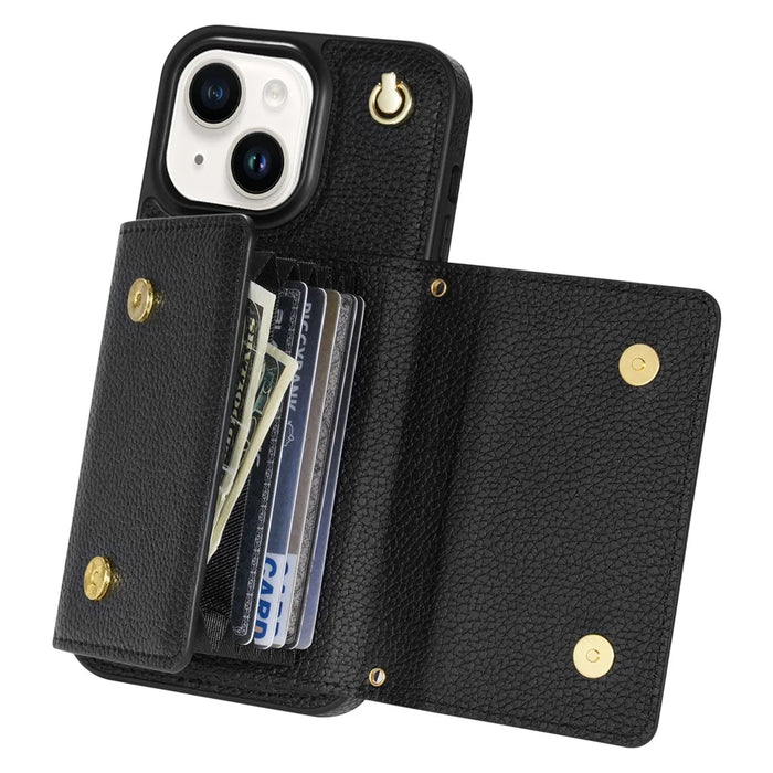 For iPhone 15 Plus Case Scratch Proof PU Leather+TPU Card Holder Cover with Shoulder Strap - Black - 4