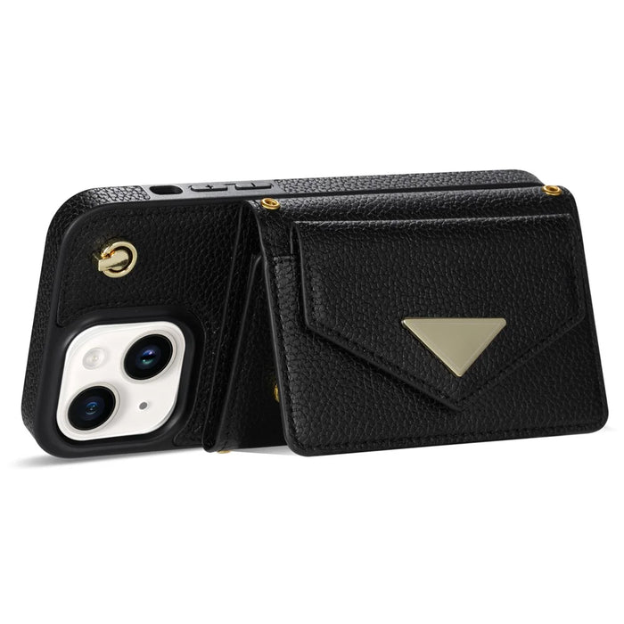 For iPhone 15 Plus Case Scratch Proof PU Leather+TPU Card Holder Cover with Shoulder Strap - Black - 5