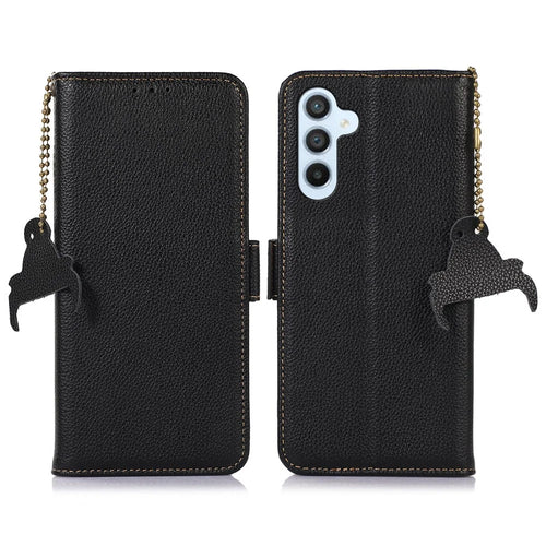 For Samsung Galaxy A15 4G Case Genuine Cow Leather RFID Blocking Wallet Phone Cover - Black - 1