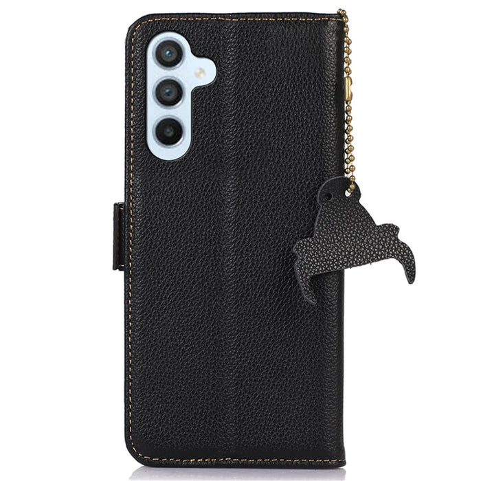 For Samsung Galaxy A15 4G Case Genuine Cow Leather RFID Blocking Wallet Phone Cover - Black - 7
