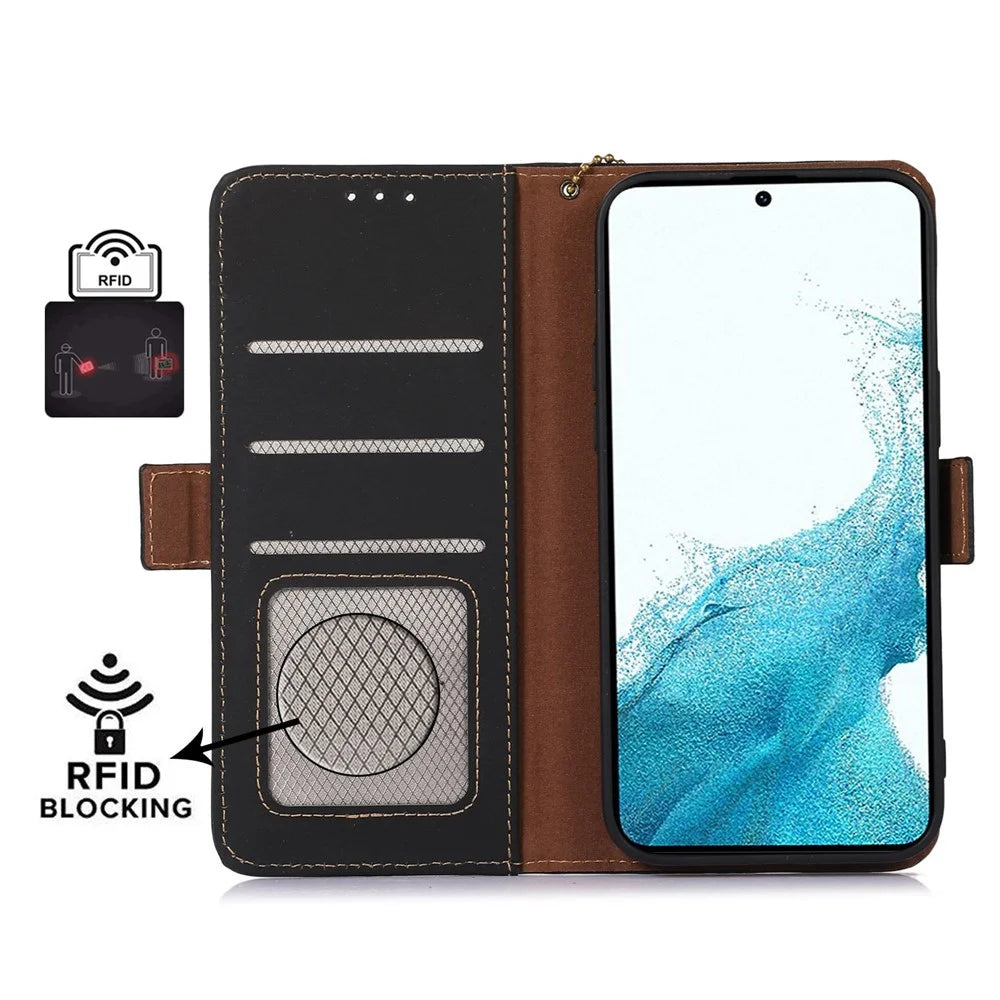 For Samsung Galaxy A15 4G Case RFID Blocking Genuine Cow Leather Wallet Cellphone Cover - Black - 2