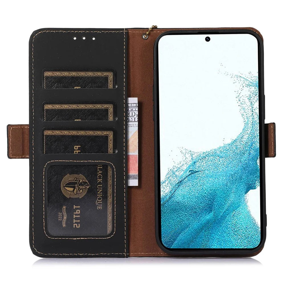 For Samsung Galaxy A15 4G Case RFID Blocking Genuine Cow Leather Wallet Cellphone Cover - Black - 3