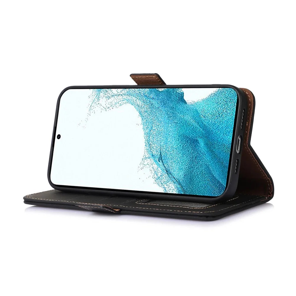 For Samsung Galaxy A15 4G Case RFID Blocking Genuine Cow Leather Wallet Cellphone Cover - Black - 4