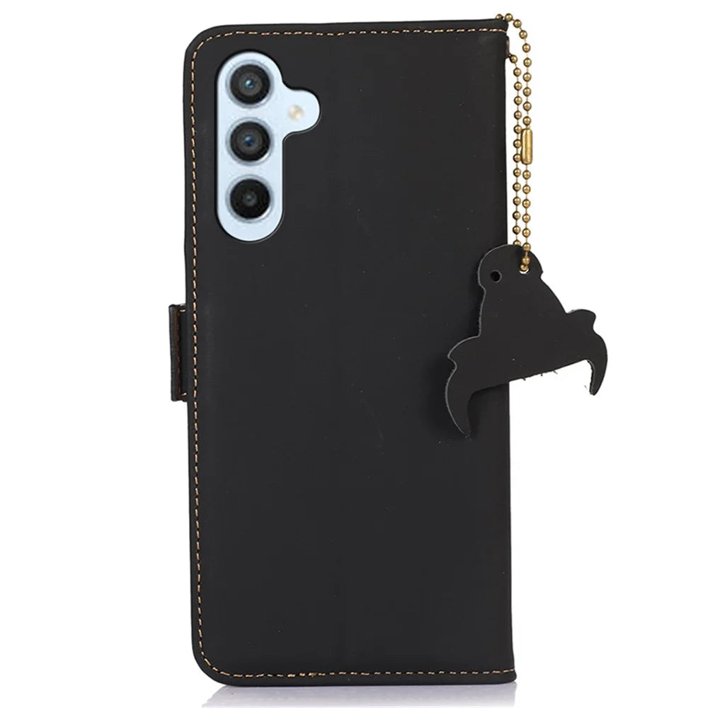 For Samsung Galaxy A15 4G Case RFID Blocking Genuine Cow Leather Wallet Cellphone Cover - Black - 6