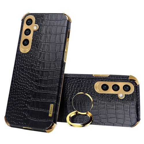 For Samsung Galaxy S23 FE Case Ring Kickstand Crocodile Texture Leather+TPU Phone Cover - Black - 1