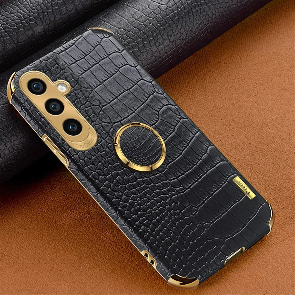 For Samsung Galaxy S23 FE Case Ring Kickstand Crocodile Texture Leather+TPU Phone Cover - Black - 2
