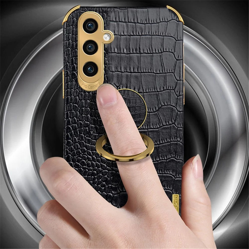 For Samsung Galaxy S23 FE Case Ring Kickstand Crocodile Texture Leather+TPU Phone Cover - Black - 3
