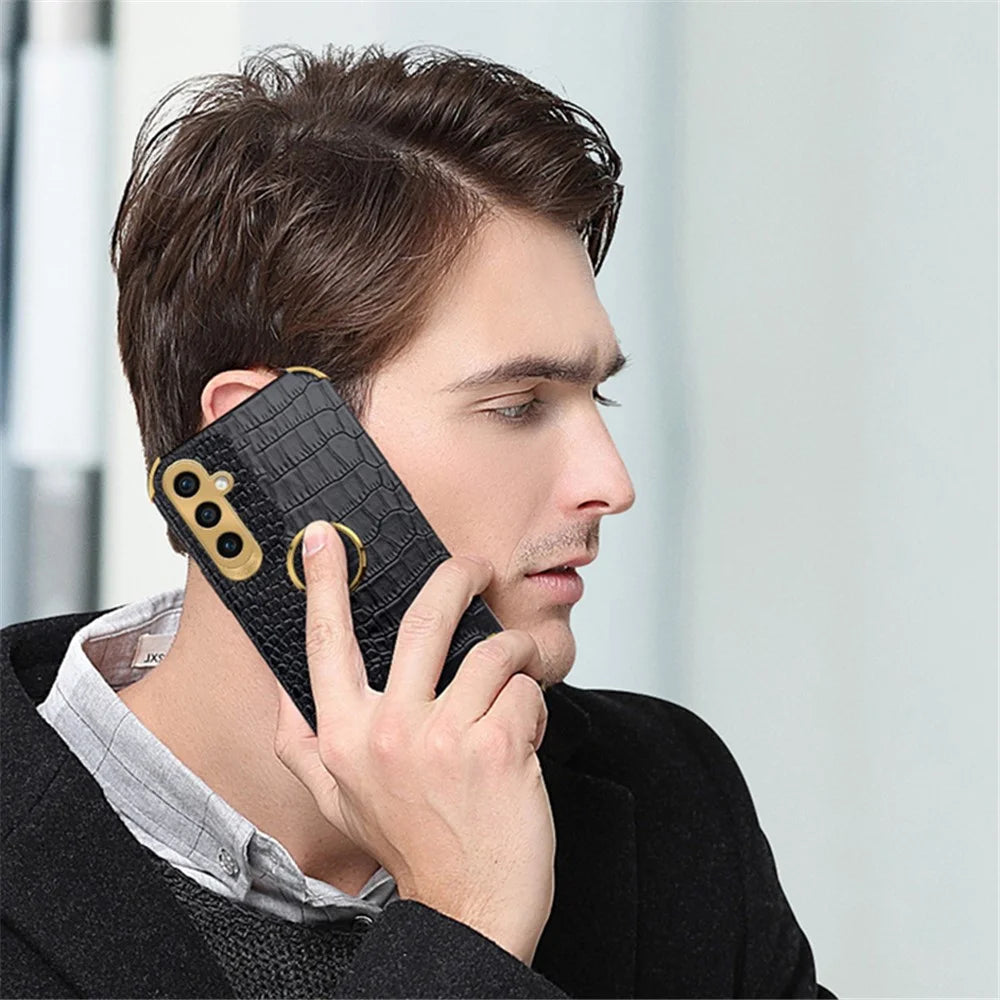 For Samsung Galaxy S23 FE Case Ring Kickstand Crocodile Texture Leather+TPU Phone Cover - Black - 4