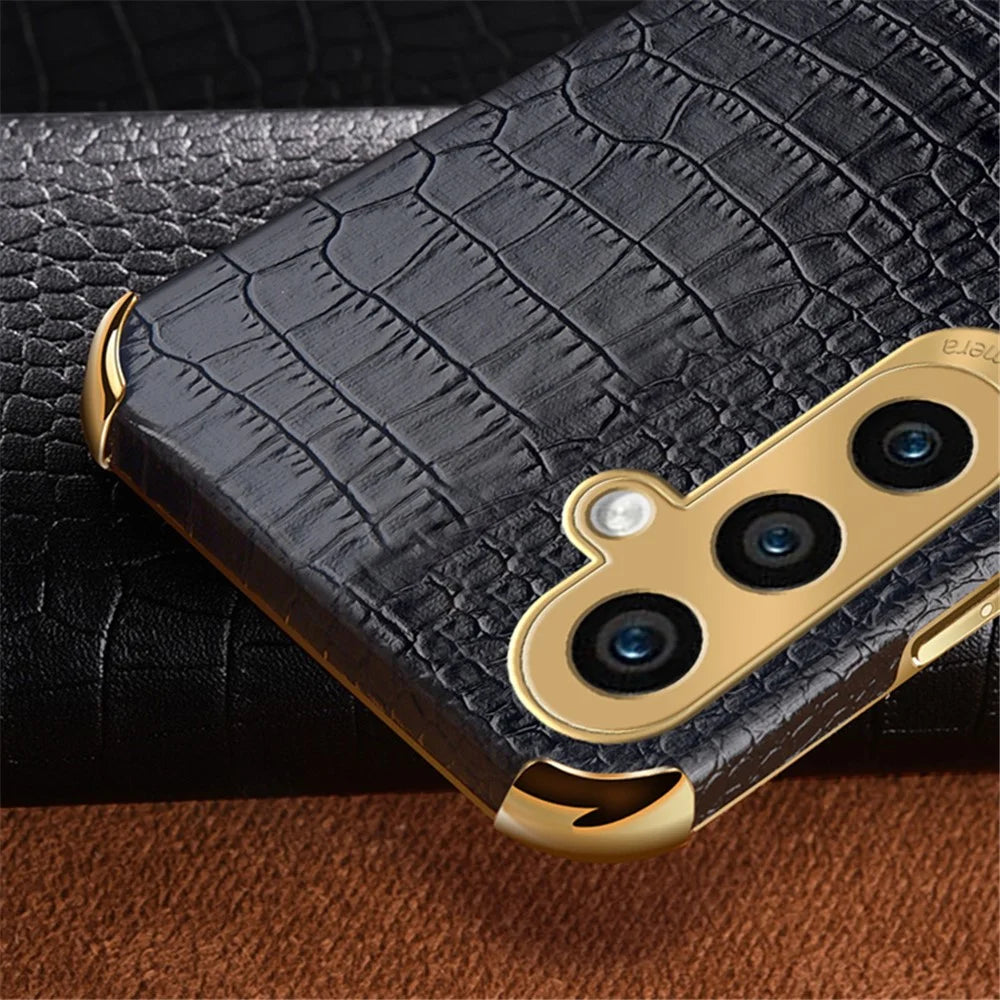 For Samsung Galaxy S23 FE Case Ring Kickstand Crocodile Texture Leather+TPU Phone Cover - Black - 5