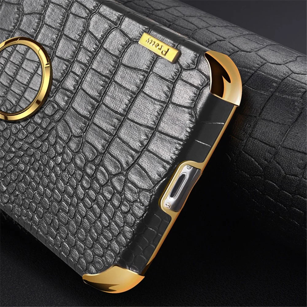 For Samsung Galaxy S23 FE Case Ring Kickstand Crocodile Texture Leather+TPU Phone Cover - Black - 7