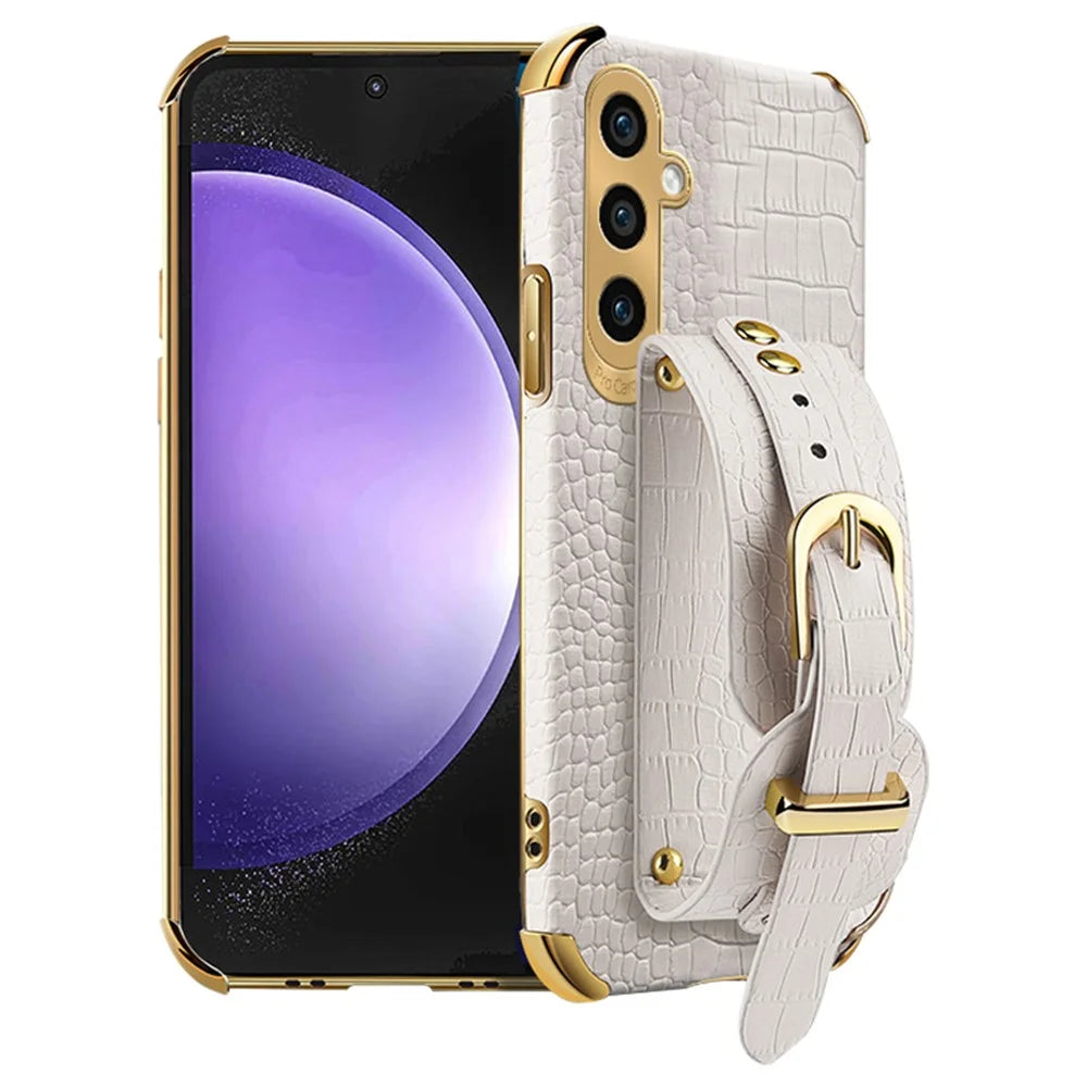 For Samsung Galaxy S23 FE Case Wristband PU Leather+TPU 6D Electroplating Phone Cover - White - 1