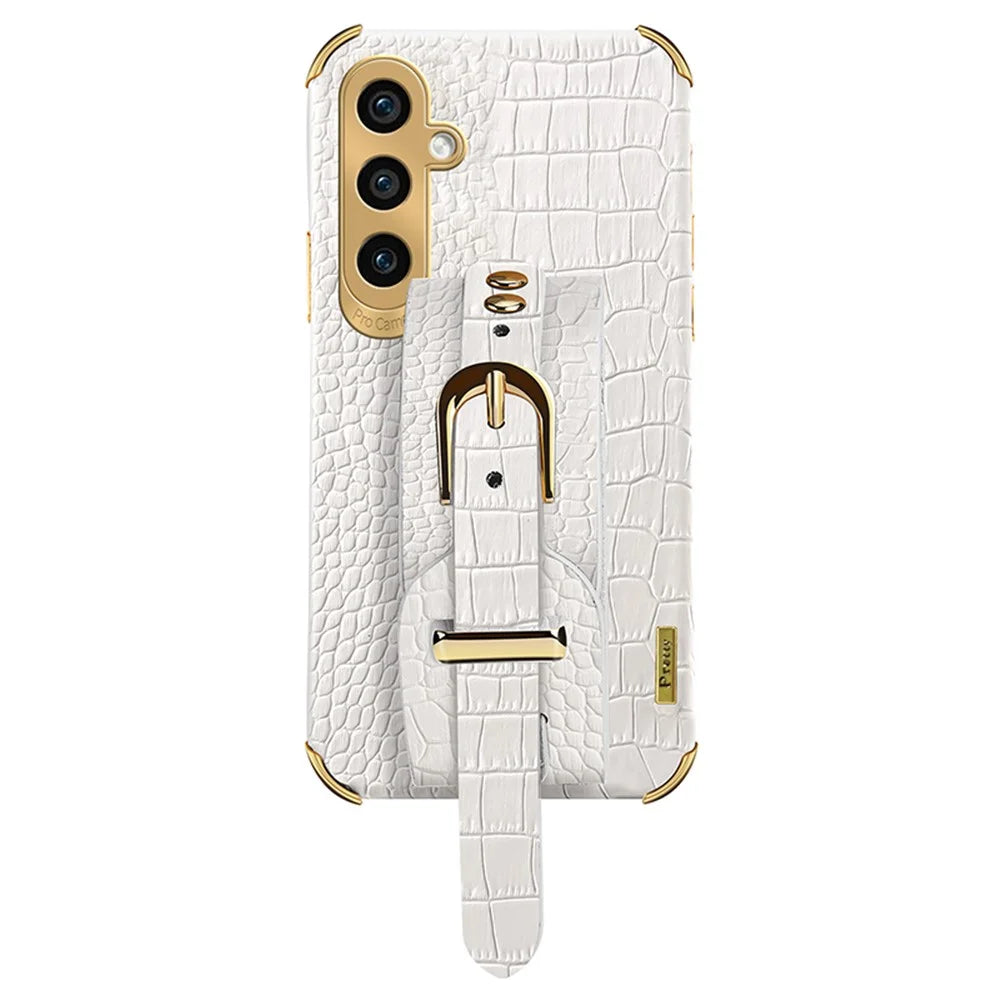 For Samsung Galaxy S23 FE Case Wristband PU Leather+TPU 6D Electroplating Phone Cover - White - 2
