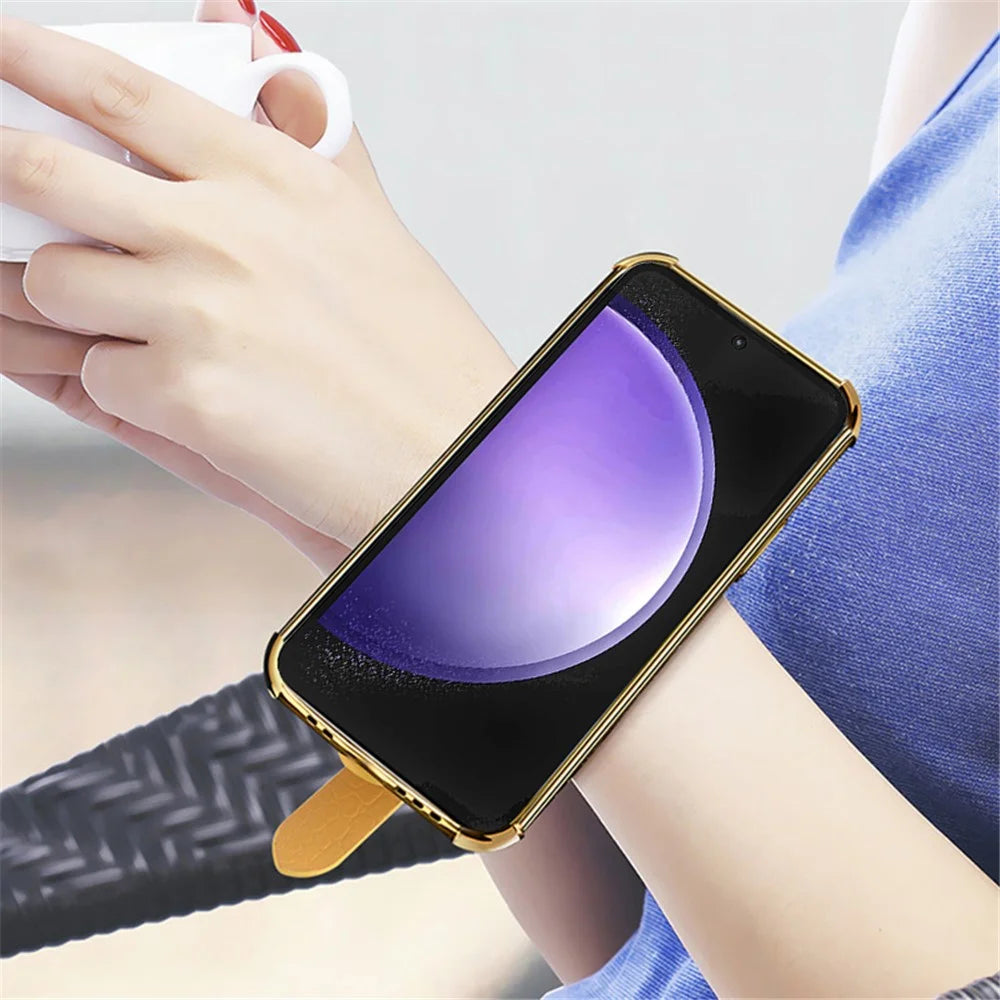 For Samsung Galaxy S23 FE Case Wristband PU Leather+TPU 6D Electroplating Phone Cover - White - 3