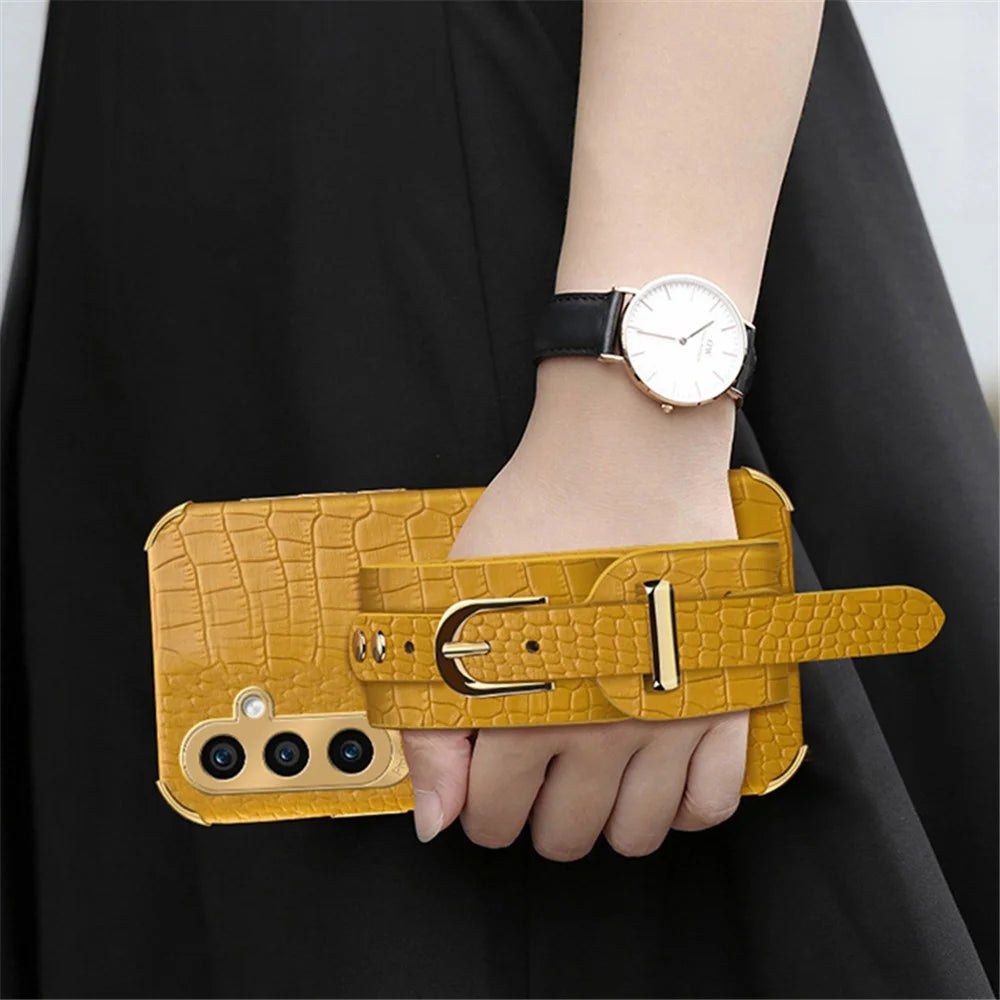 For Samsung Galaxy S23 FE Case Wristband PU Leather+TPU 6D Electroplating Phone Cover - White - 6