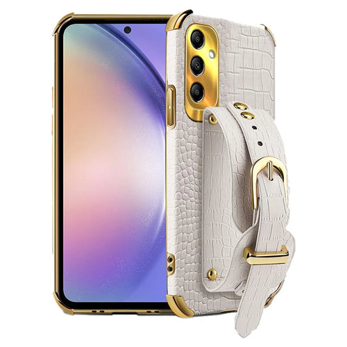 For Samsung Galaxy A54 5G Case PU Leather+TPU 6D Electroplating Phone Cover with Wristband - White - 1