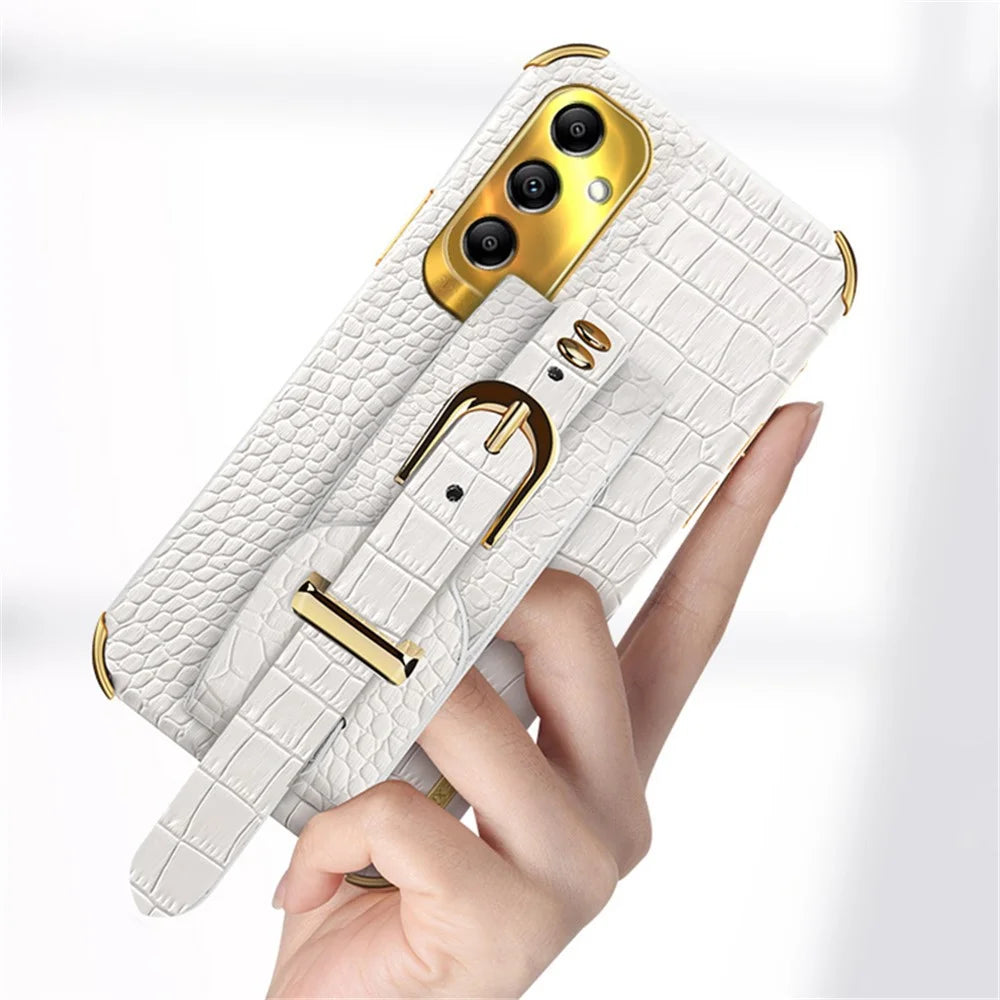 For Samsung Galaxy A54 5G Case PU Leather+TPU 6D Electroplating Phone Cover with Wristband - White - 3