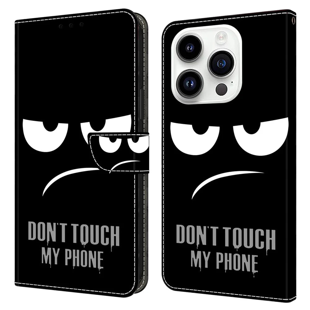 For iPhone 15 Pro Case 3D Pattern Printing Leather Wallet Phone Case - Don't Touch My Phone - 1