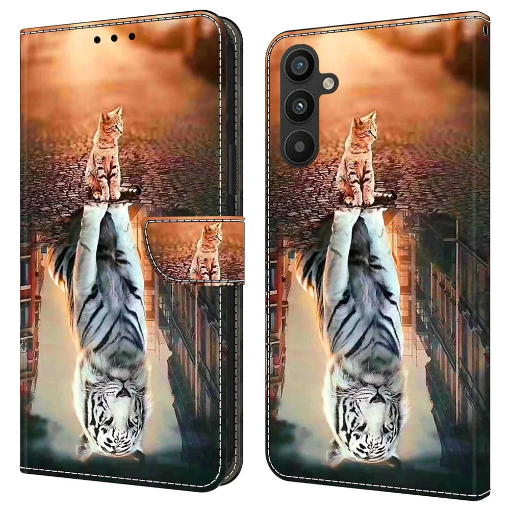 Pattern Printing Leather Case for Samsung Galaxy A34 5G Case Anti-Scratch Wallet Phone Case - Cat and Tiger - 1