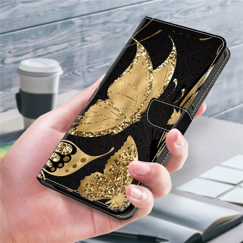 For Samsung Galaxy A14 5G / A14 4G Case Anti-Drop Wallet Phone Case with Stand - Golden Butterfly - 5