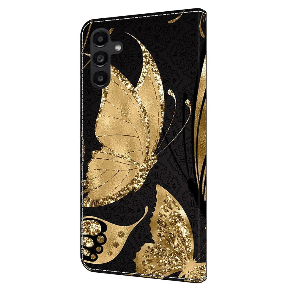 For Samsung Galaxy A14 5G / A14 4G Case Anti-Drop Wallet Phone Case with Stand - Golden Butterfly - 7