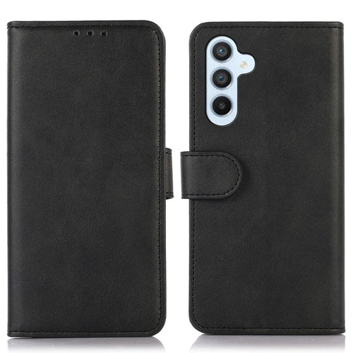 For Samsung Galaxy A15 4G Case Cowhide Texture Leather Cell Phone Stand Cover - Black - 1