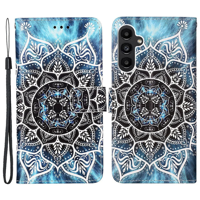 For Samsung Galaxy A15 4G Leather Case with Strap and Card Holder Pattern Printing Phone Stand Cover - Mandala Flower - 1