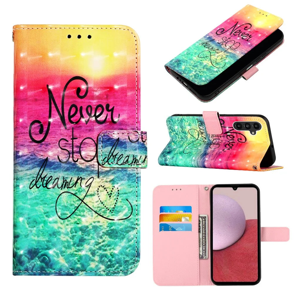 For Samsung Galaxy A15 4G 4G Leather Case 3D Pattern Printing Wallet Stand Mobile Cover with Strap - Never Stop Dreaming - 5